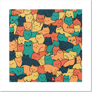 Cool Retro Colored Cat Doodle Pattern Posters and Art